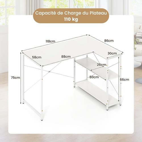 Bureau D'ordinateur En Forme De L, Table D'étude Gain De Place Avec Cadre Métallique Robuste (blanc)