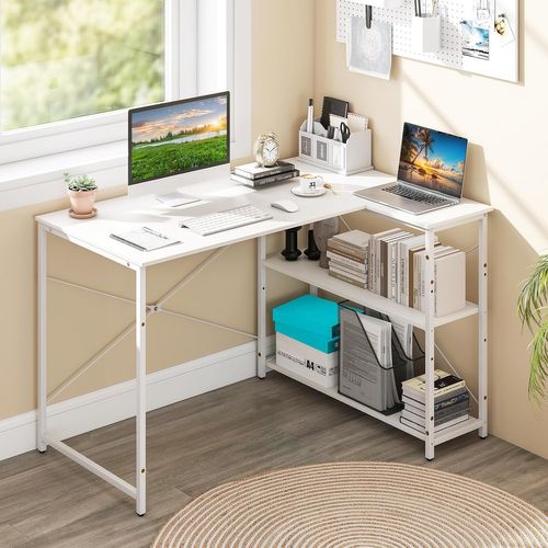 Bureau D'ordinateur En Forme De L, Table D'étude Gain De Place Avec Cadre Métallique Robuste (blanc)