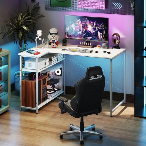 Bureau D'ordinateur En Forme De L, Table D'étude Gain De Place Avec Cadre Métallique Robuste (blanc)