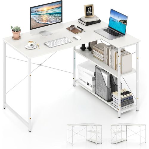 Bureau D'ordinateur En Forme De L, Table D'étude Gain De Place Avec Cadre Métallique Robuste (blanc)