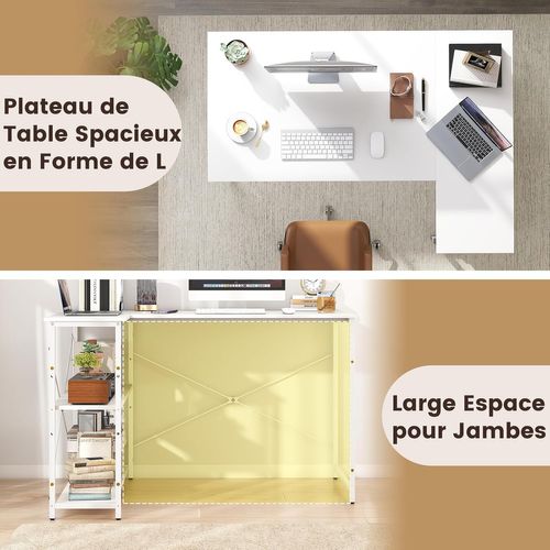 Bureau D'ordinateur En Forme De L, Table D'étude Gain De Place Avec Cadre Métallique Robuste (blanc)