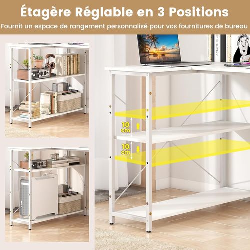 Bureau D'ordinateur En Forme De L, Table D'étude Gain De Place Avec Cadre Métallique Robuste (blanc)