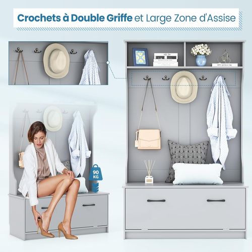Porte Manteaux 4 En 1,meuble D'entrée Avec Banc à Chaussures à Porte,100 X 40 X 160cm,gris
