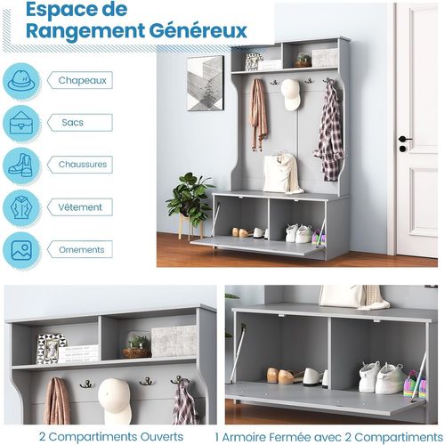 Porte Manteaux 4 En 1,meuble D'entrée Avec Banc à Chaussures à Porte,100 X 40 X 160cm,gris