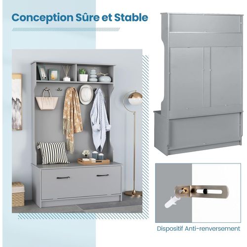 Porte Manteaux 4 En 1,meuble D'entrée Avec Banc à Chaussures à Porte,100 X 40 X 160cm,gris