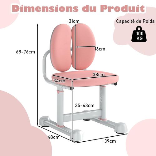 Chaise De Bureau Enfant Avec Hauteur Réglableetdossier Ergonomique,charge 100kg Pour 6-12 Ans(rose)