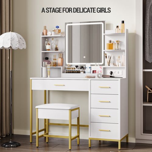 Coiffeuse Avec Tabouret, Miroir, Lumières LED , Prise De Courant, 5 Tiroirs, Blanc-doré