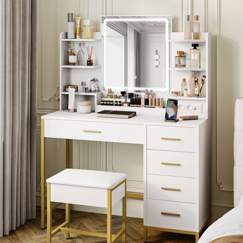 Coiffeuse Avec Tabouret, Miroir, Lumières LED , Prise De Courant, 5 Tiroirs, Blanc-doré