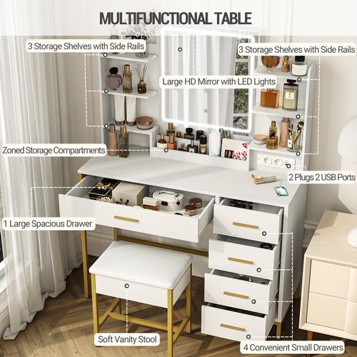 Coiffeuse Avec Tabouret, Miroir, Lumières LED , Prise De Courant, 5 Tiroirs, Blanc-doré