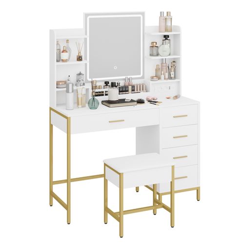 Coiffeuse Avec Tabouret, Miroir, Lumières LED , Prise De Courant, 5 Tiroirs, Blanc-doré
