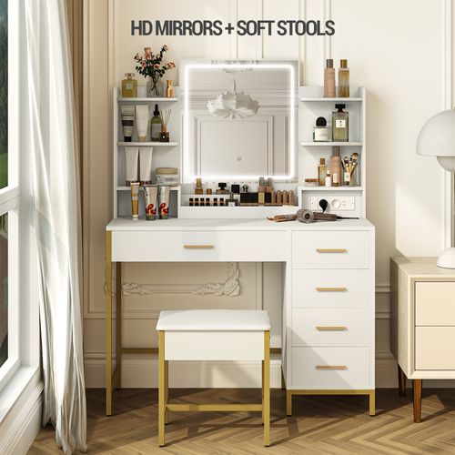 Coiffeuse Avec Tabouret, Miroir, Lumières LED , Prise De Courant, 5 Tiroirs, Blanc-doré