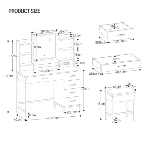 Coiffeuse Avec Tabouret, Miroir, Lumières LED , Prise De Courant, 5 Tiroirs, Blanc-doré