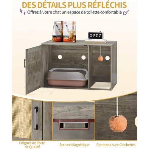Maison De Toilette Pour Chat Avec Porte En Rotin, Meubles De Litière Cachés, Greige