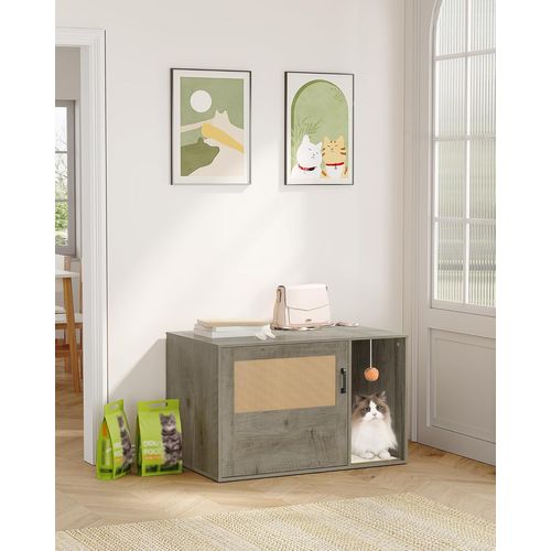 Maison De Toilette Pour Chat Avec Porte En Rotin, Meubles De Litière Cachés, Greige