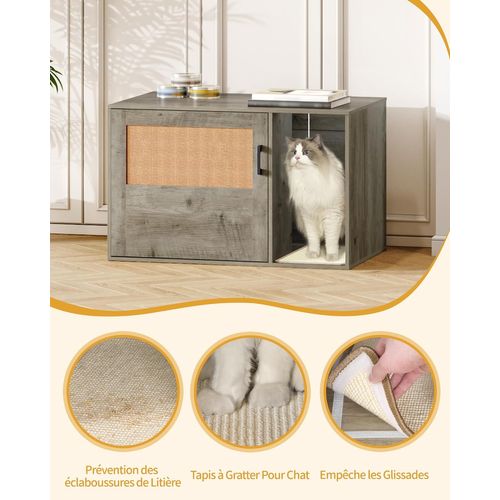 Maison De Toilette Pour Chat Avec Porte En Rotin, Meubles De Litière Cachés, Greige