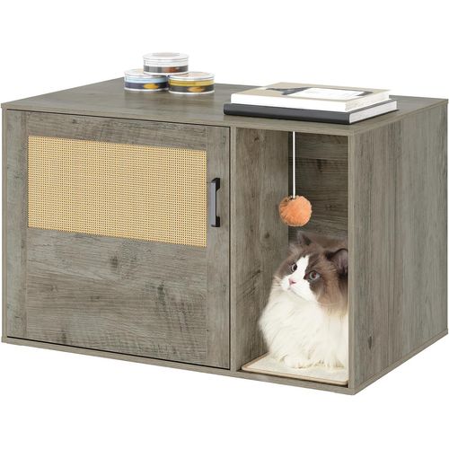 Maison De Toilette Pour Chat Avec Porte En Rotin, Meubles De Litière Cachés, Greige