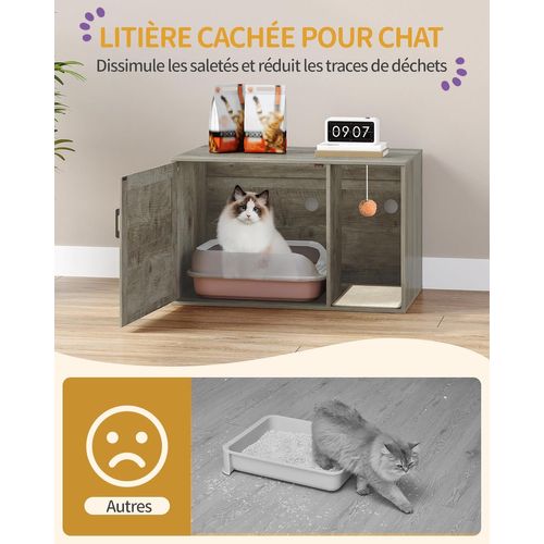 Maison De Toilette Pour Chat Avec Porte En Rotin, Meubles De Litière Cachés, Greige