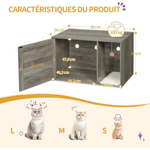 Maison De Toilette Pour Chat Avec Porte En Rotin, Meubles De Litière Cachés, Greige
