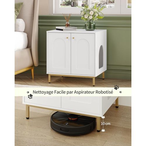 Maison De Toilette Chat, Meubles Cachés Convient à La Plupart Des Chats, Blanc Et Doré