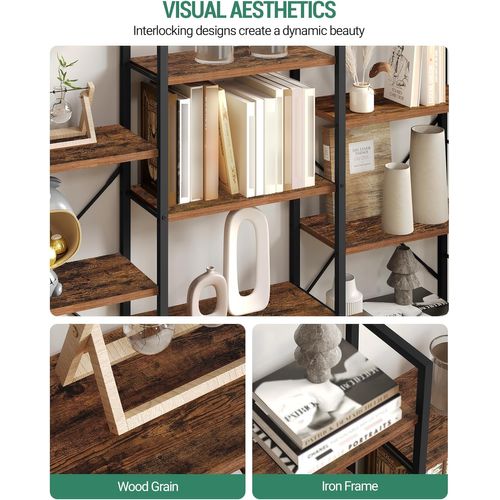 Bibliothèque, Étagère Ebout Avec 17 Étagères, Espacement Réglable, Brun Rustique Et Noir