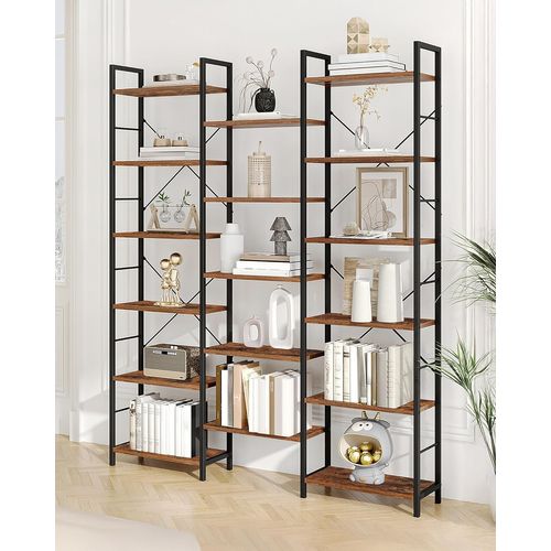 Bibliothèque, Étagère Ebout Avec 17 Étagères, Espacement Réglable, Brun Rustique Et Noir