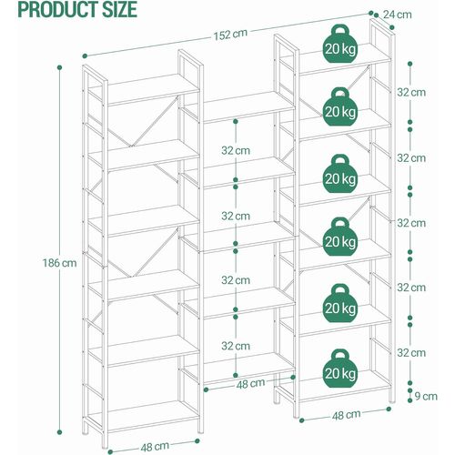 Bibliothèque, Étagère Ebout Avec 17 Étagères, Espacement Réglable, Brun Rustique Et Noir