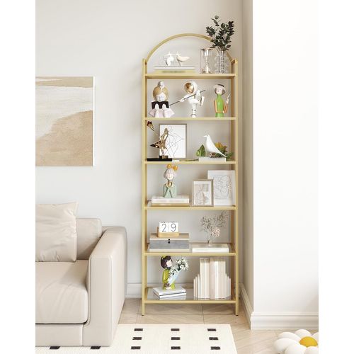 Bibliothèque 6 Niveaux, Étagère En Échelle En Verre Trempé, Étagère Mince Pour La Chambre, Doré