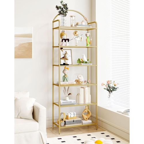 Bibliothèque 6 Niveaux, Étagère En Échelle En Verre Trempé, Étagère Mince Pour La Chambre, Doré