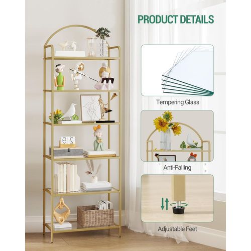 Bibliothèque 6 Niveaux, Étagère En Échelle En Verre Trempé, Étagère Mince Pour La Chambre, Doré