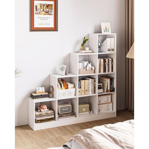 Bibliothèque à 10 Compartiments, Compartiments Ouverts, Étagère De Rangement à 4 Niveaux, Blanc