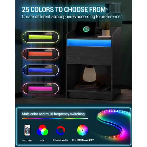 Table De Nuit Lot De 2,avec Lumière LED,1 Tiroir De Rangement Table De Chevet Pour Chambre à Coucher