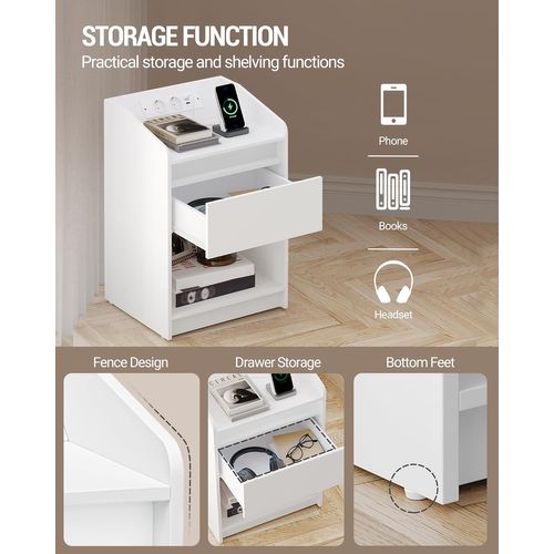 Table De Nuit Lot De 2, Avec Lumière LED - Table D'appoint Avec Station De Charge, Blanc