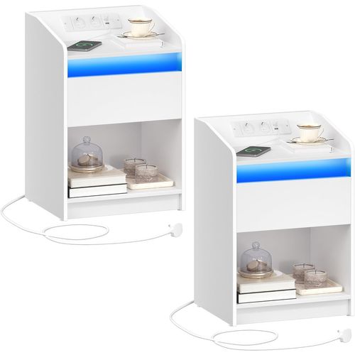 Table De Nuit Lot De 2, Avec Lumière LED - Table D'appoint Avec Station De Charge, Blanc
