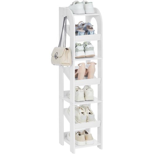 Étagère à Chaussures Verticale, 7 Étages D'étagères à Chaussures Étroites, Avec Crochets, Blanc