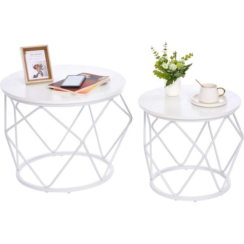 Table Basse Ronde, Lot De 2 Tables D'appoint, Pour Salon, Chambre à Coucher, Bureau, Blanc