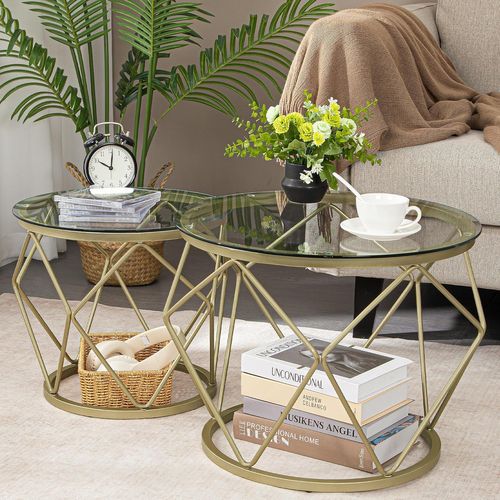 Table Basse Ronde, Set De 2 Tables D'appoint, Pour Salon, Chambre, Bureau, Doré
