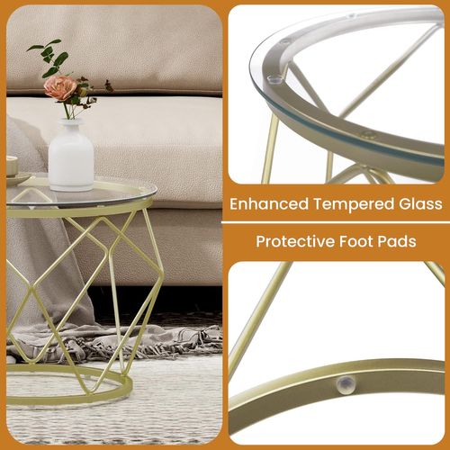Table Basse Ronde, Set De 2 Tables D'appoint, Pour Salon, Chambre, Bureau, Doré