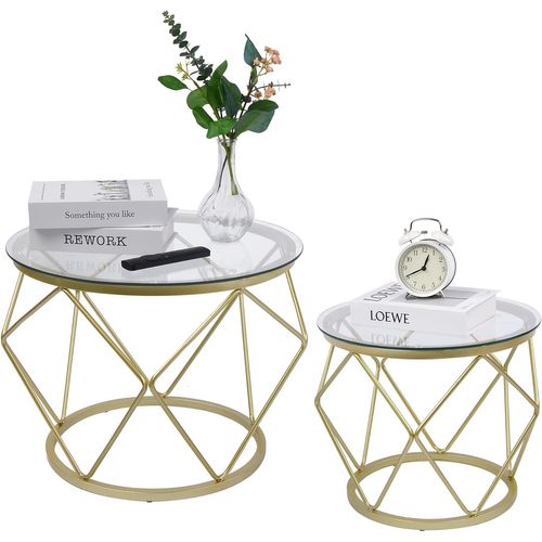 Table Basse Ronde, Set De 2 Tables D'appoint, Pour Salon, Chambre, Bureau, Doré