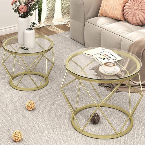 Table Basse Ronde, Set De 2 Tables D'appoint, Pour Salon, Chambre, Bureau, Doré