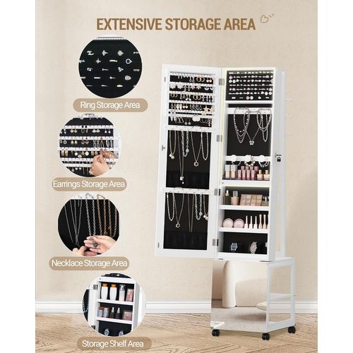 Armoire à Bijoux Avec Barre Lumineuse, Miroir Sur Pied, Miroir Mobile Avec Roulettes, Blanc
