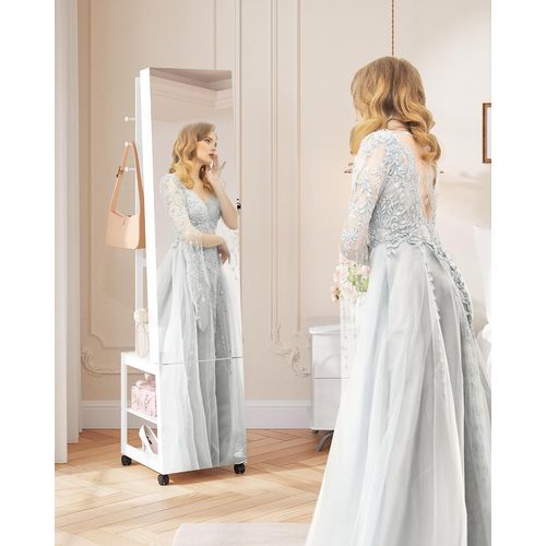 Armoire à Bijoux Avec Barre Lumineuse, Miroir Sur Pied, Miroir Mobile Avec Roulettes, Blanc