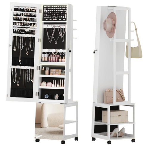 Armoire à Bijoux Avec Barre Lumineuse, Miroir Sur Pied, Miroir Mobile Avec Roulettes, Blanc