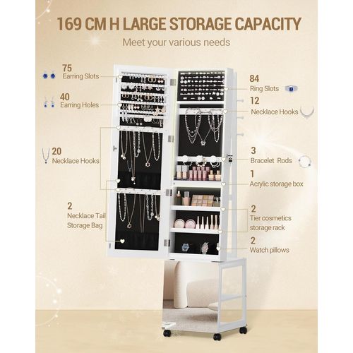 Armoire à Bijoux Avec Barre Lumineuse, Miroir Sur Pied, Miroir Mobile Avec Roulettes, Blanc