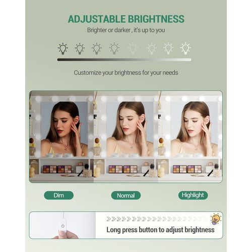 Coiffeuse Avec Miroir, Lumière LED à Luminosité Réglable, Avec Tiroirs Et Rangements, Blanc