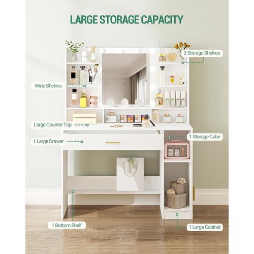 Coiffeuse Avec Miroir, Lumière LED à Luminosité Réglable, Avec Tiroirs Et Rangements, Blanc