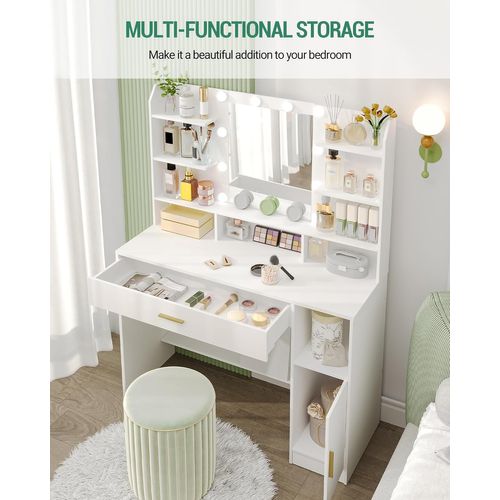 Coiffeuse Avec Miroir, Lumière LED à Luminosité Réglable, Avec Tiroirs Et Rangements, Blanc