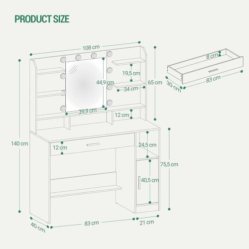 Coiffeuse Avec Miroir, Lumière LED à Luminosité Réglable, Avec Tiroirs Et Rangements, Blanc