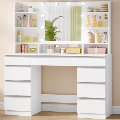 Coiffeuse Avec 10 Globes Lumineux LED, 3 Couleurs, Luminosité Réglable, Grand Miroir Hd, Blanc-or