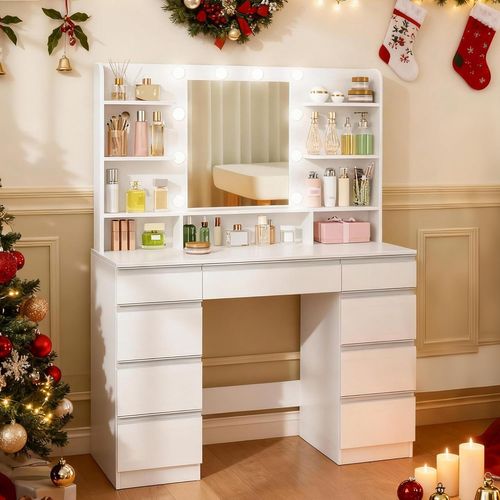 Coiffeuse Avec 10 Globes Lumineux LED, 3 Couleurs, Luminosité Réglable, Grand Miroir Hd, Blanc-or