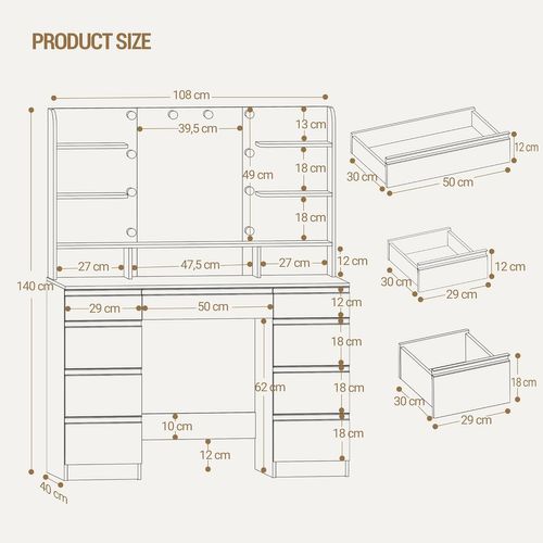 Coiffeuse Avec 10 Globes Lumineux LED, 3 Couleurs, Luminosité Réglable, Grand Miroir Hd, Blanc-or